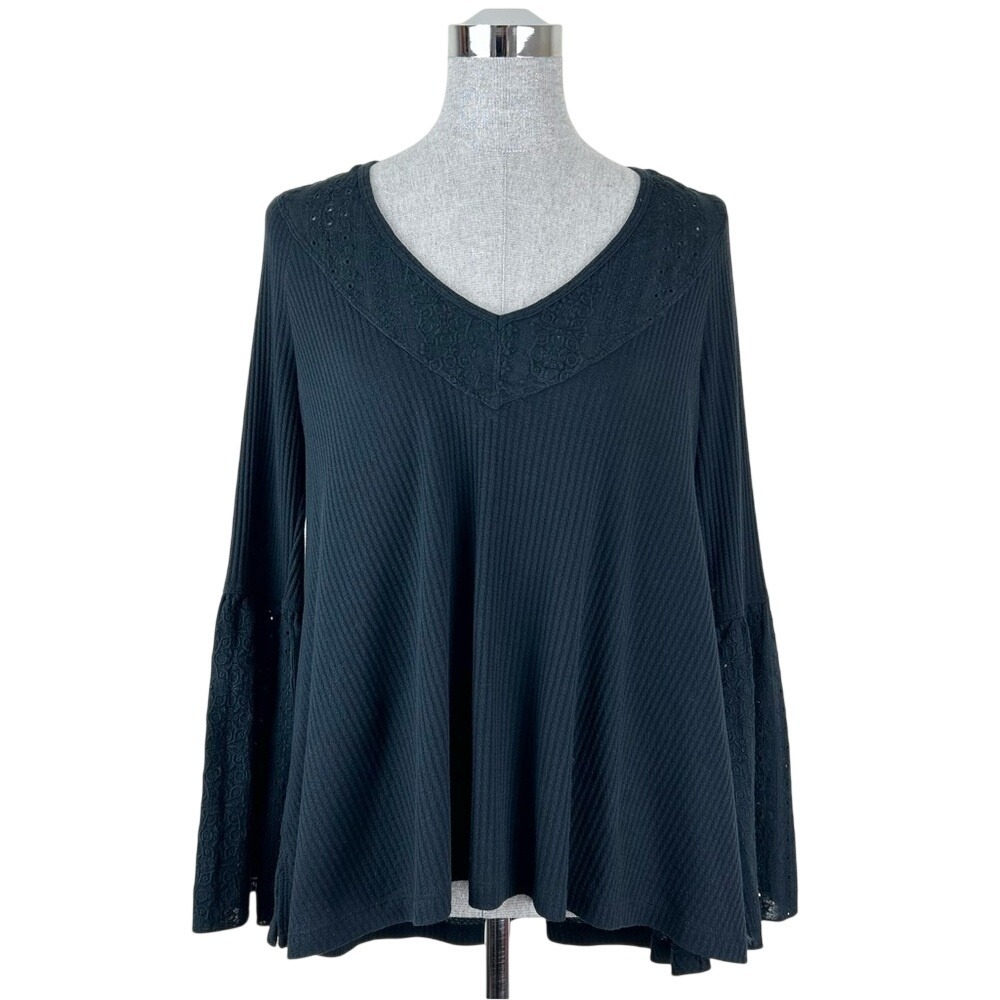 Free People Shirt Women Medium Parisian Nights Long Sleeve Boho Lace Trim Waffle